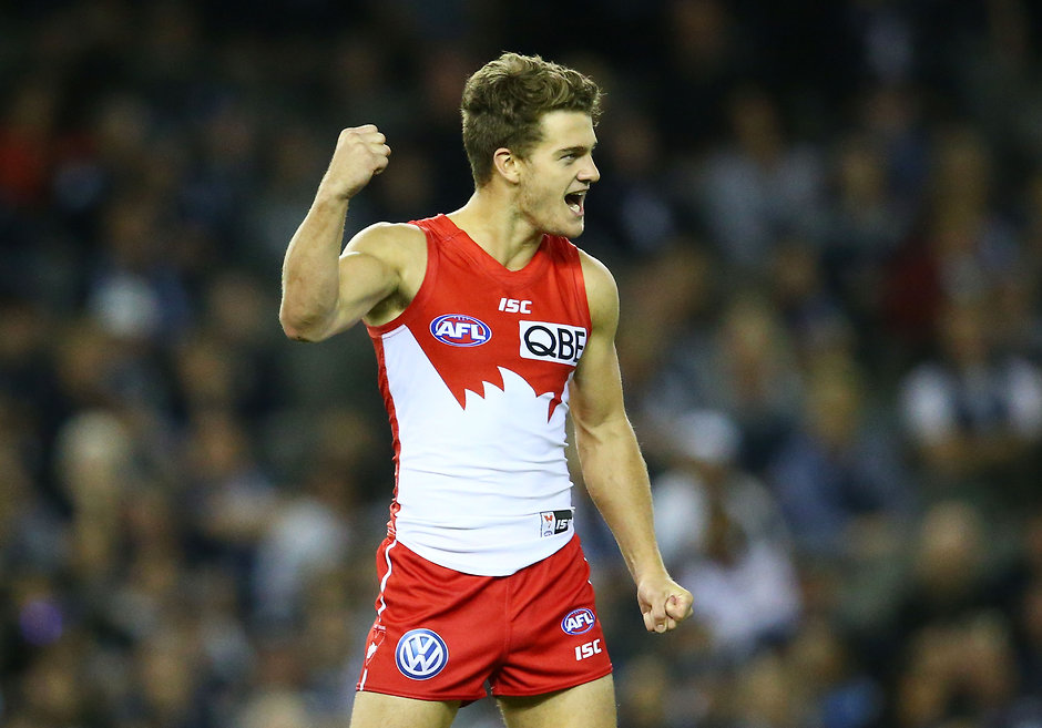 AFL 2016 Rd 02 - Carlton v Sydney MELBOURNE, AUSTRALIA - APRIL 3: Tom Papley of the Swans celebrates after kicking a goal during the 2016 AFL Round 02 match between the Carlton Blues and the Sydney Swans at Etihad Stadium, Melbourne on April 3, 2016. (Photo by Scott Barbour/AFL Media)